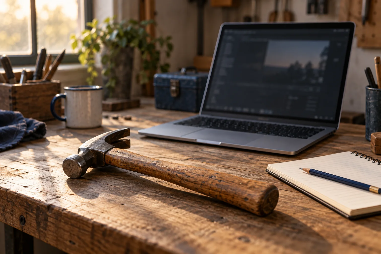 A wooden-handled hammer beside an open laptop, notebook, and pencil on a workshop desk