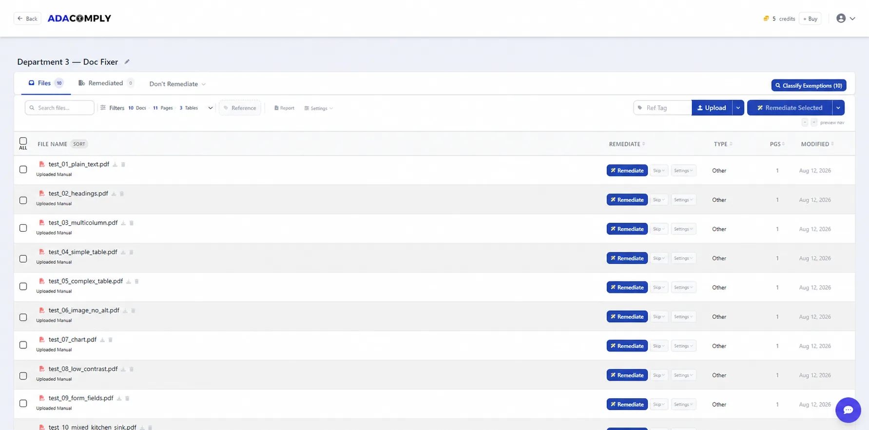 ADAComply dashboard showing an organized document inventory, status controls, remediation actions, and document details.