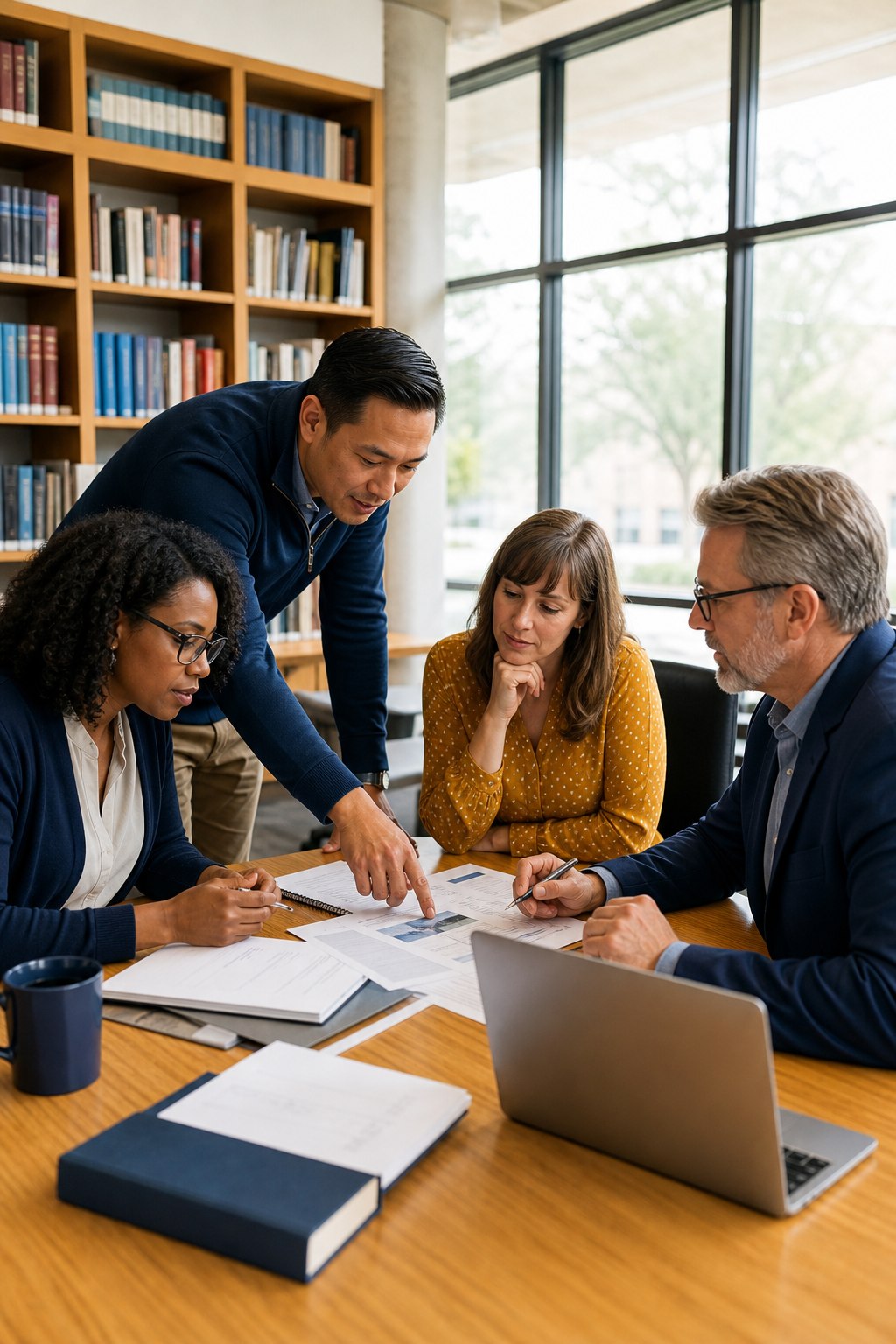 A cross-functional university team coordinating document accessibility around a table in a campus library.