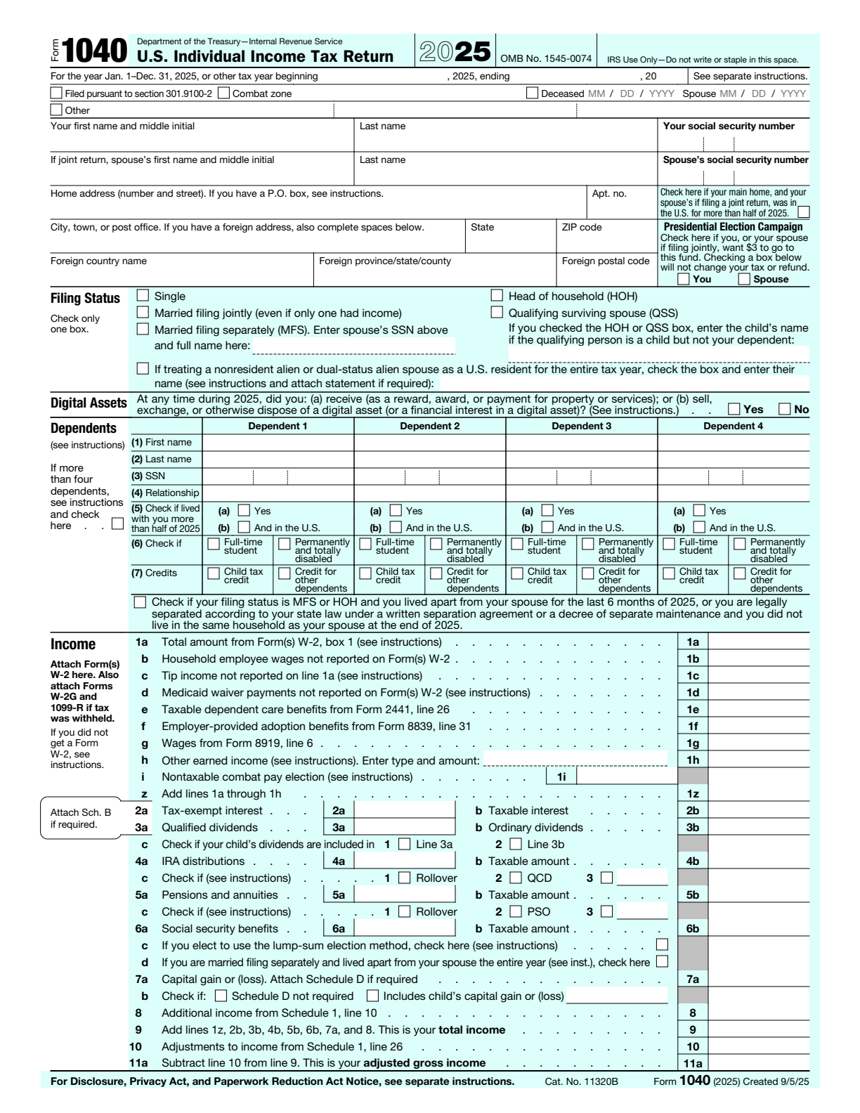 First page of the 2025 IRS Form 1040 as published — image-rich form with no underlying tag structure.