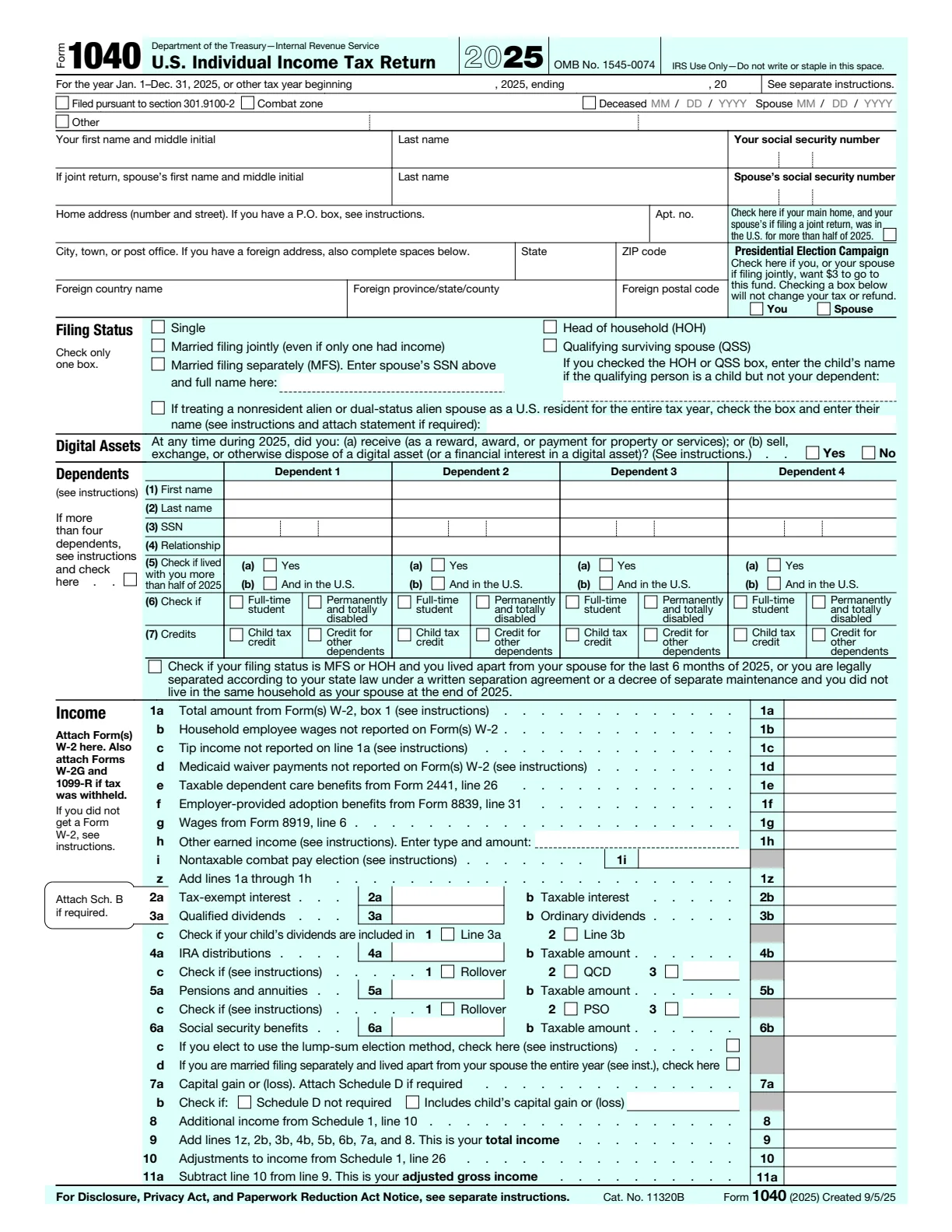 First page of the 2025 IRS Form 1040 as published — image-rich form with no underlying tag structure.