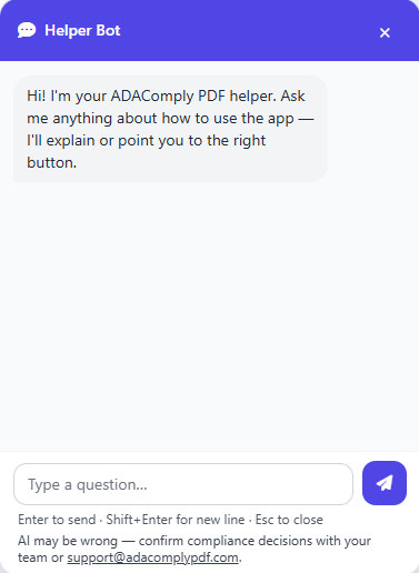 ADAComply Helper Bot offering in-app guidance and a question field.