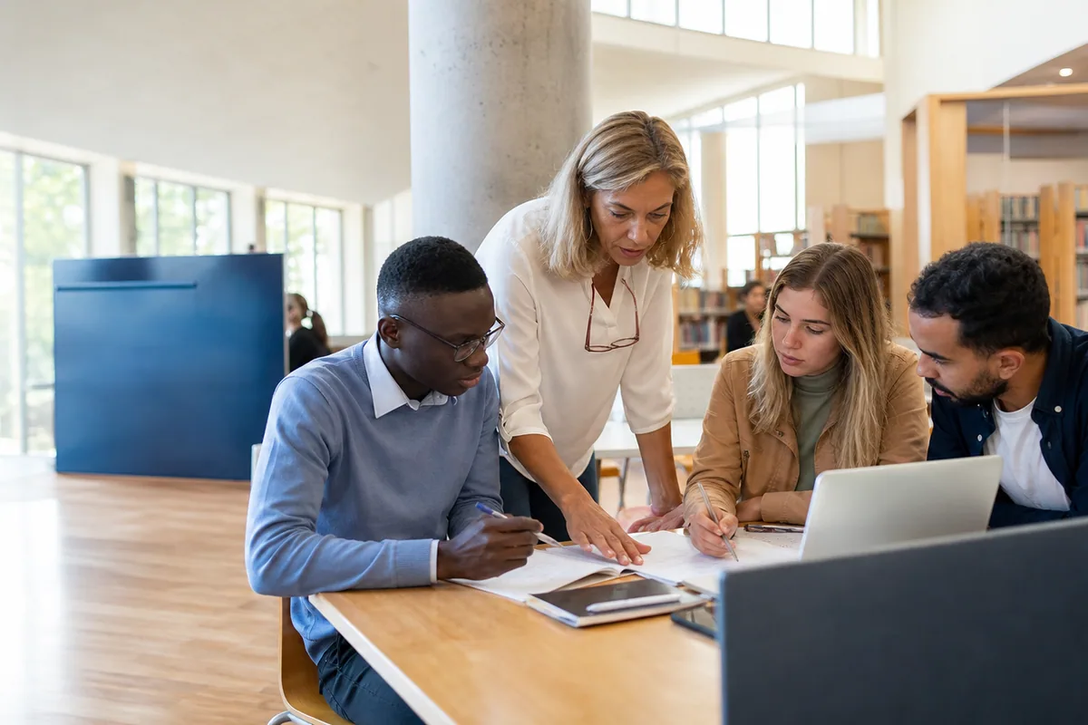 University students and an instructor reviewing documents together in a campus library.