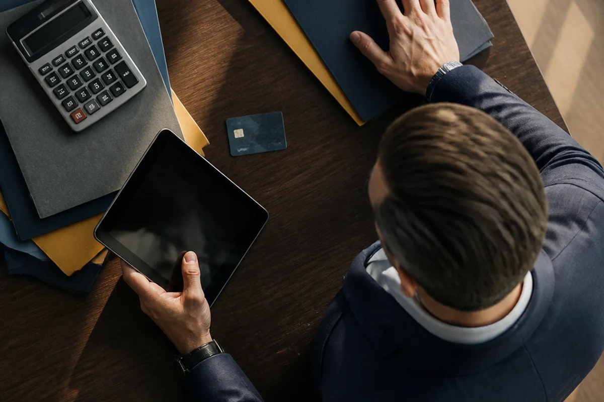 Professional reviewing documents at a desk with a tablet