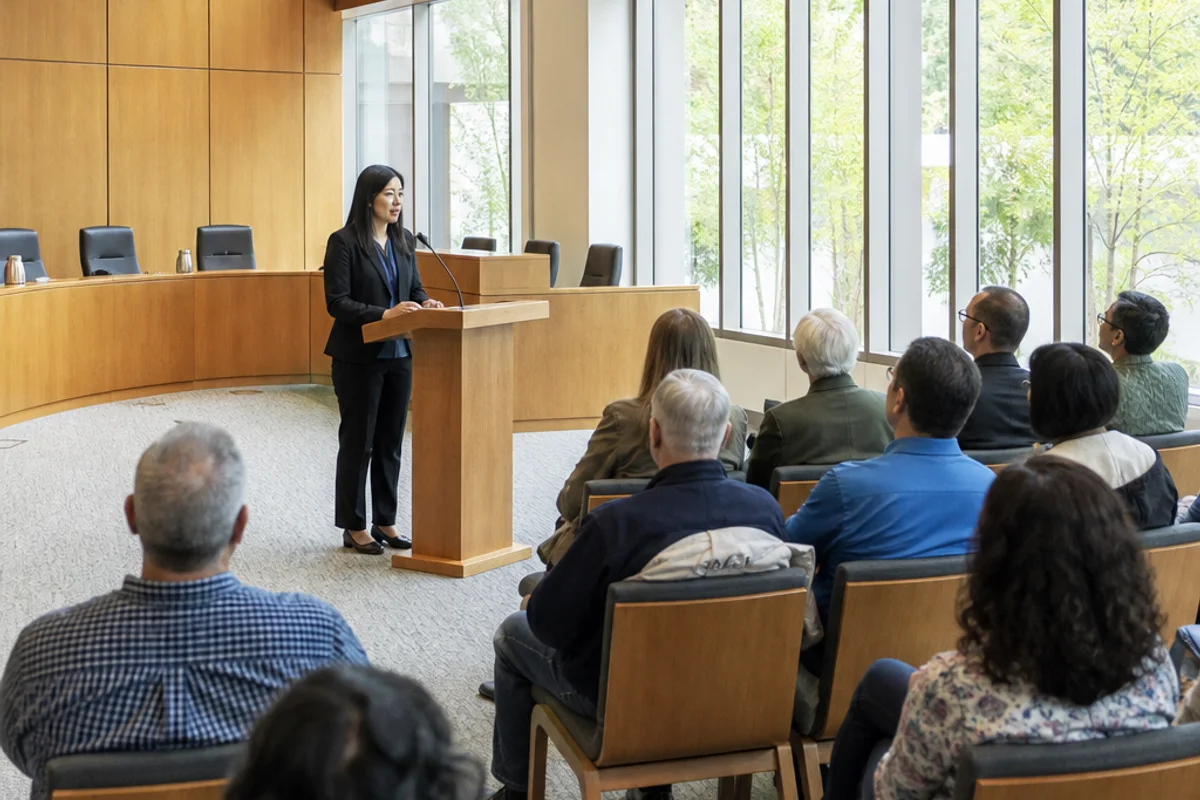 A speaker addressing residents at a public meeting in a council chamber.