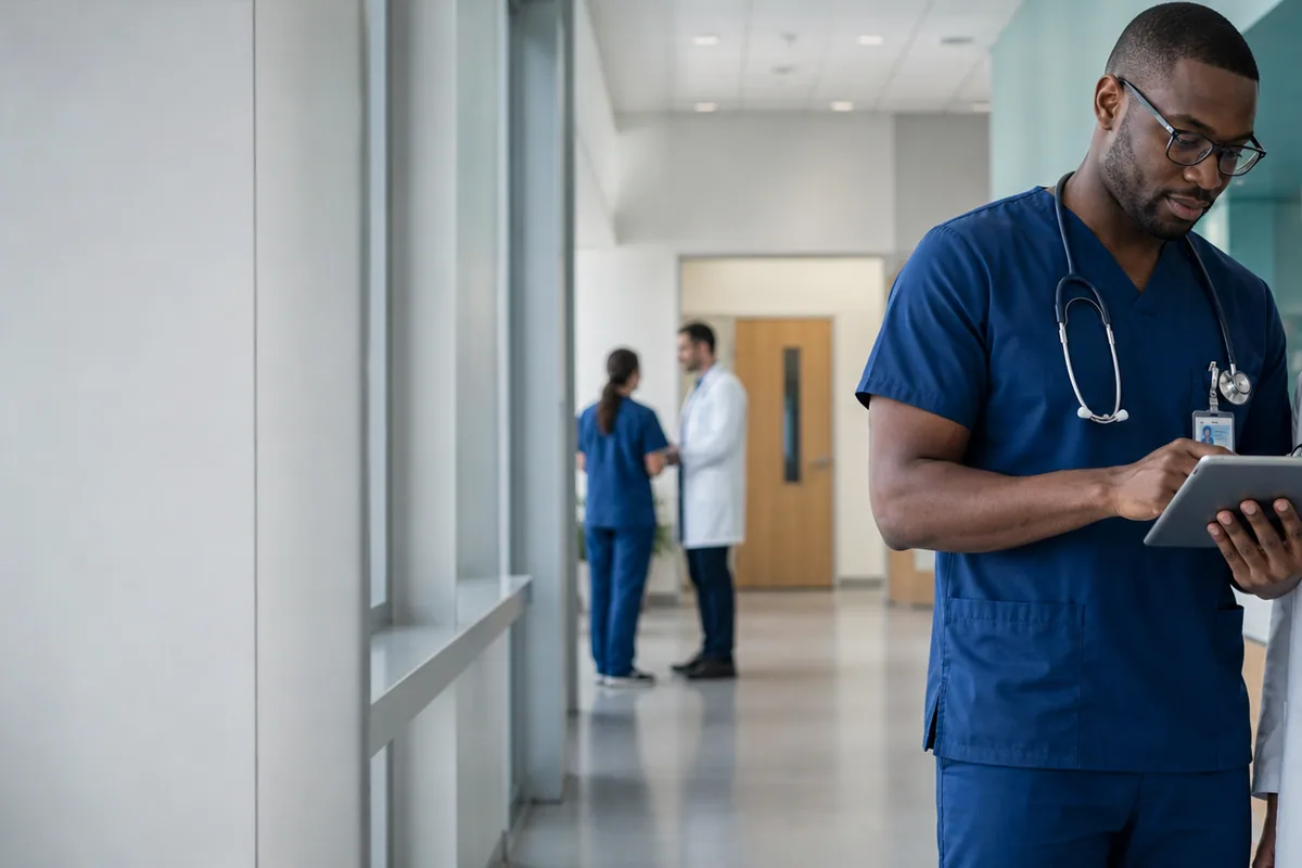 A clinician reviewing a tablet in a hospital corridor with colleagues in the background.