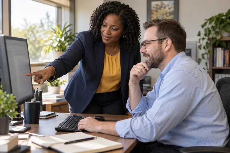Administrator reviewing a staff member's screen with him
