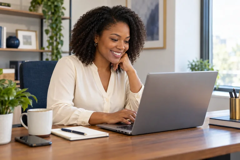 Person smiling while looking at her laptop screen