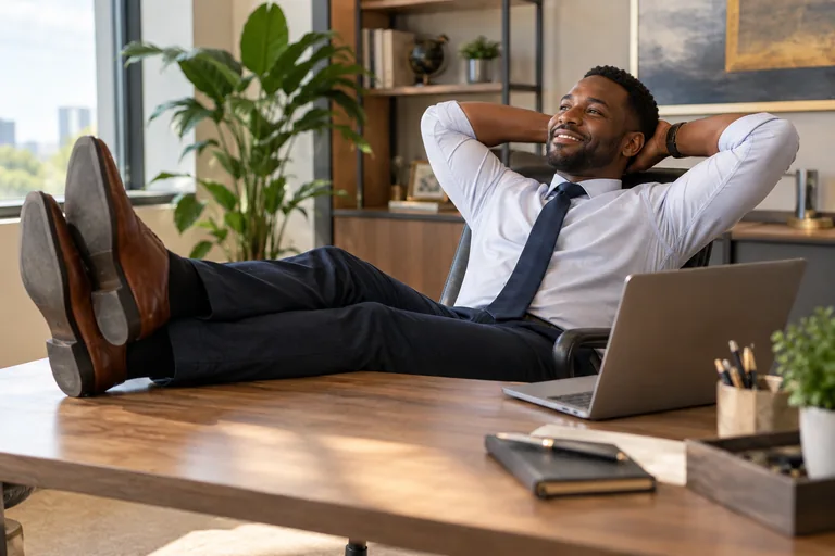 Person relaxing with his feet on the desk beside his laptop