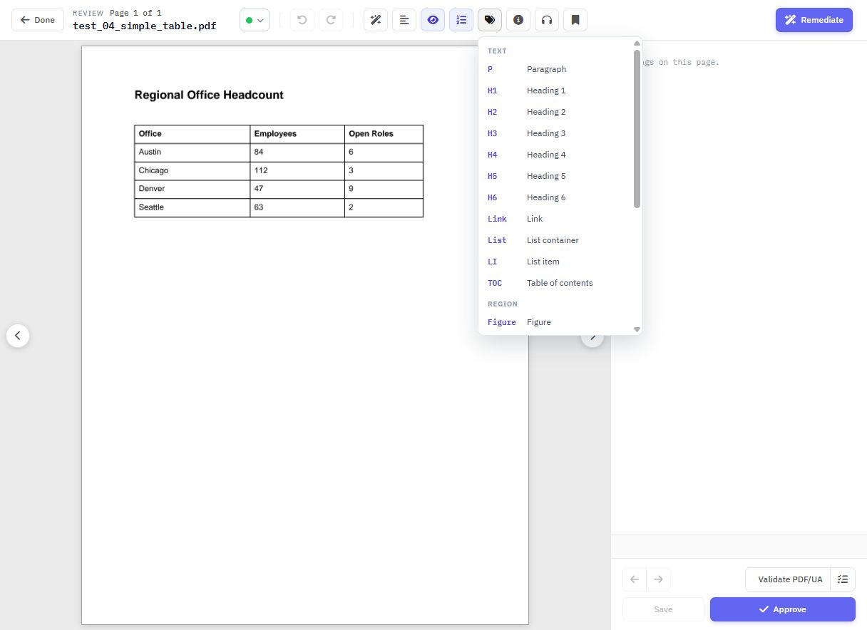 Manual PDF editor with the Add tag menu open beside a sample table